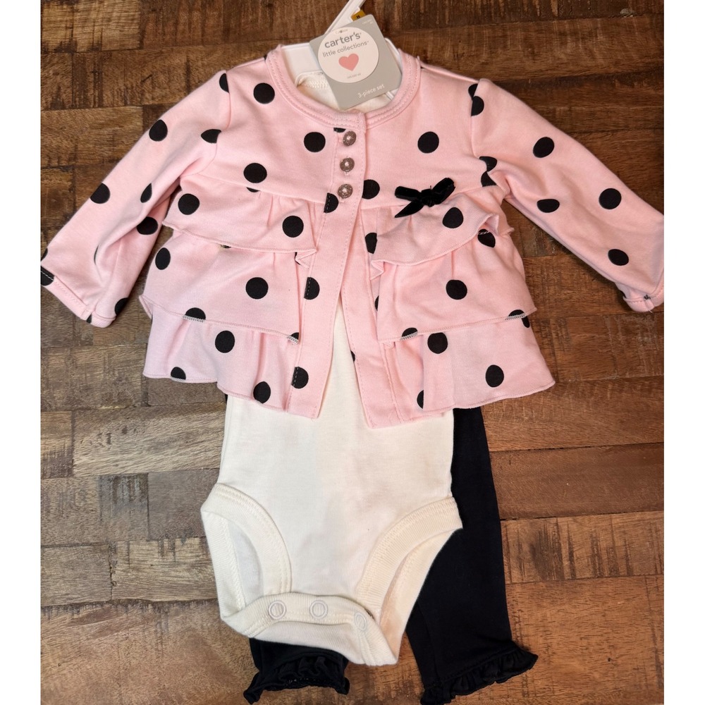 Carters Newborn 3-Piece Set Pink Polka Dot Ruffle Cardigan Bodysuit Leggings NB